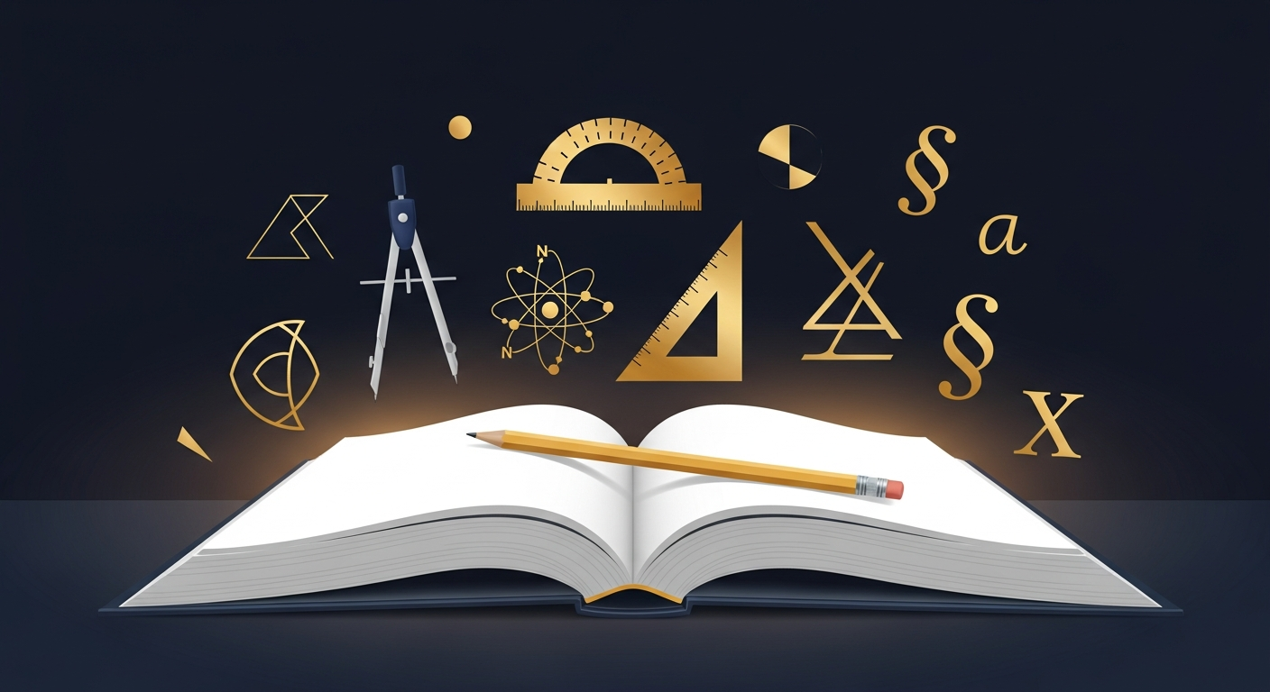 Open ACT prep textbook with pencil and floating math, science, and language symbols